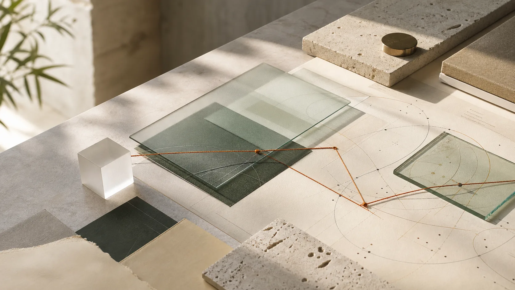 Layered glass, paper, and connected operating diagrams on a studio table